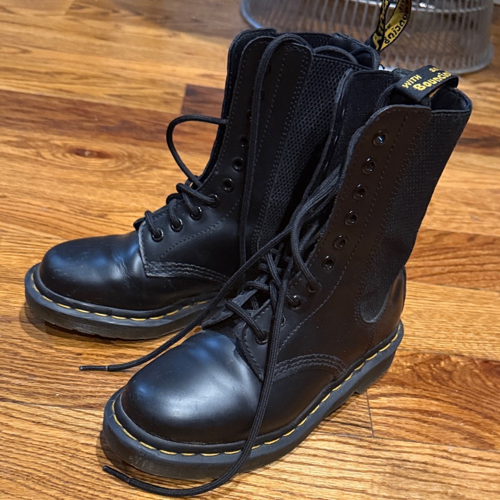 Dr. Martens Black Leather Lace-Up Combat Boots with Yellow Welt